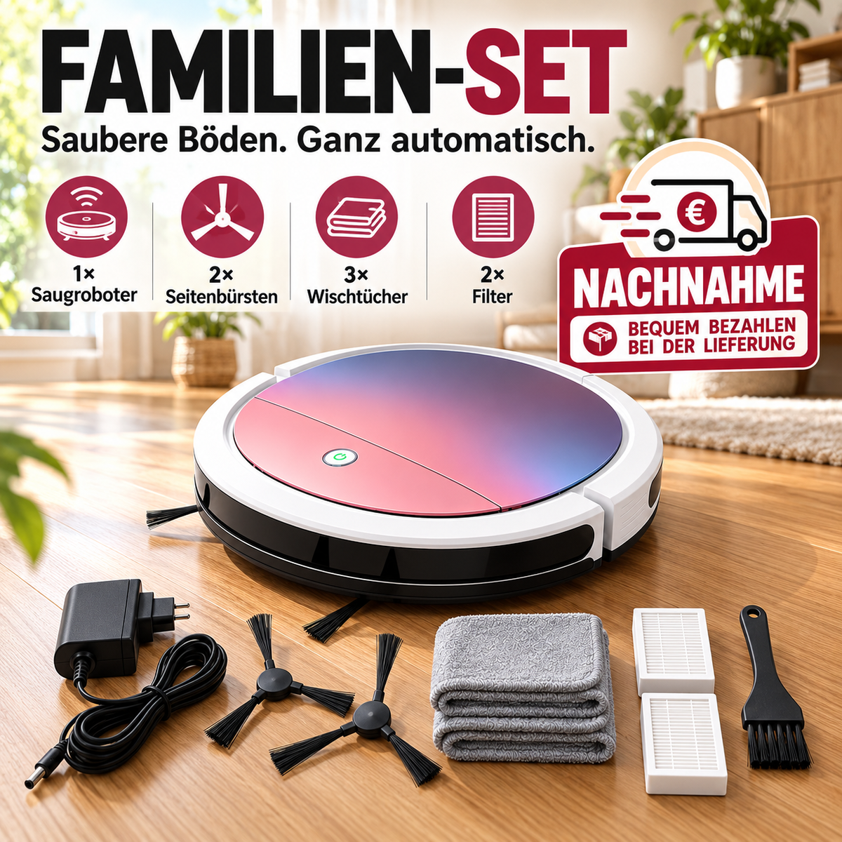 3-in-1 Saugroboter mit flachem Design – Für Haare, Staub und Krümel