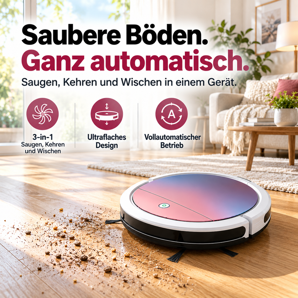 3-in-1 Saugroboter mit flachem Design – Für Haare, Staub und Krümel