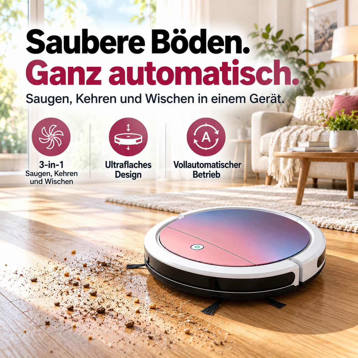 3-in-1 Saugroboter mit flachem Design – Für Haare, Staub und Krümel