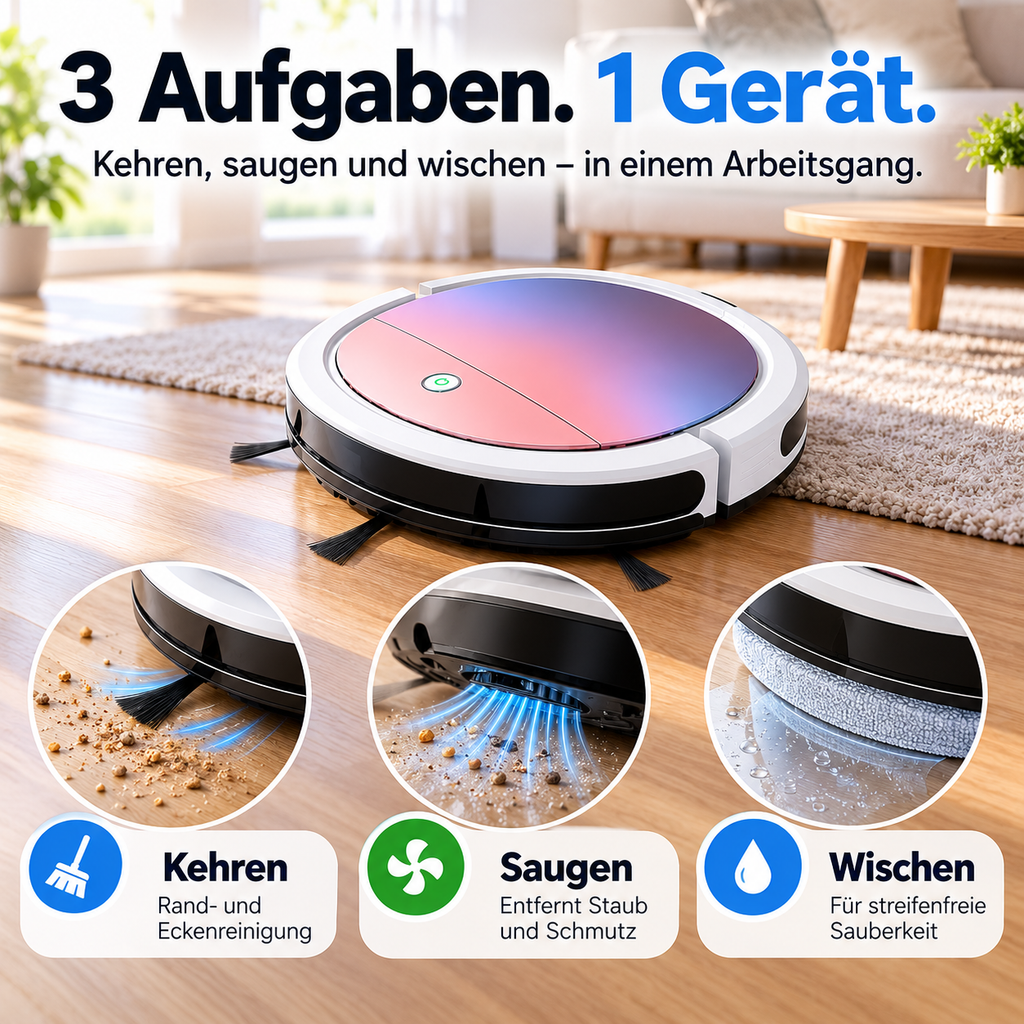 3-in-1 Saugroboter mit flachem Design – Für Haare, Staub und Krümel