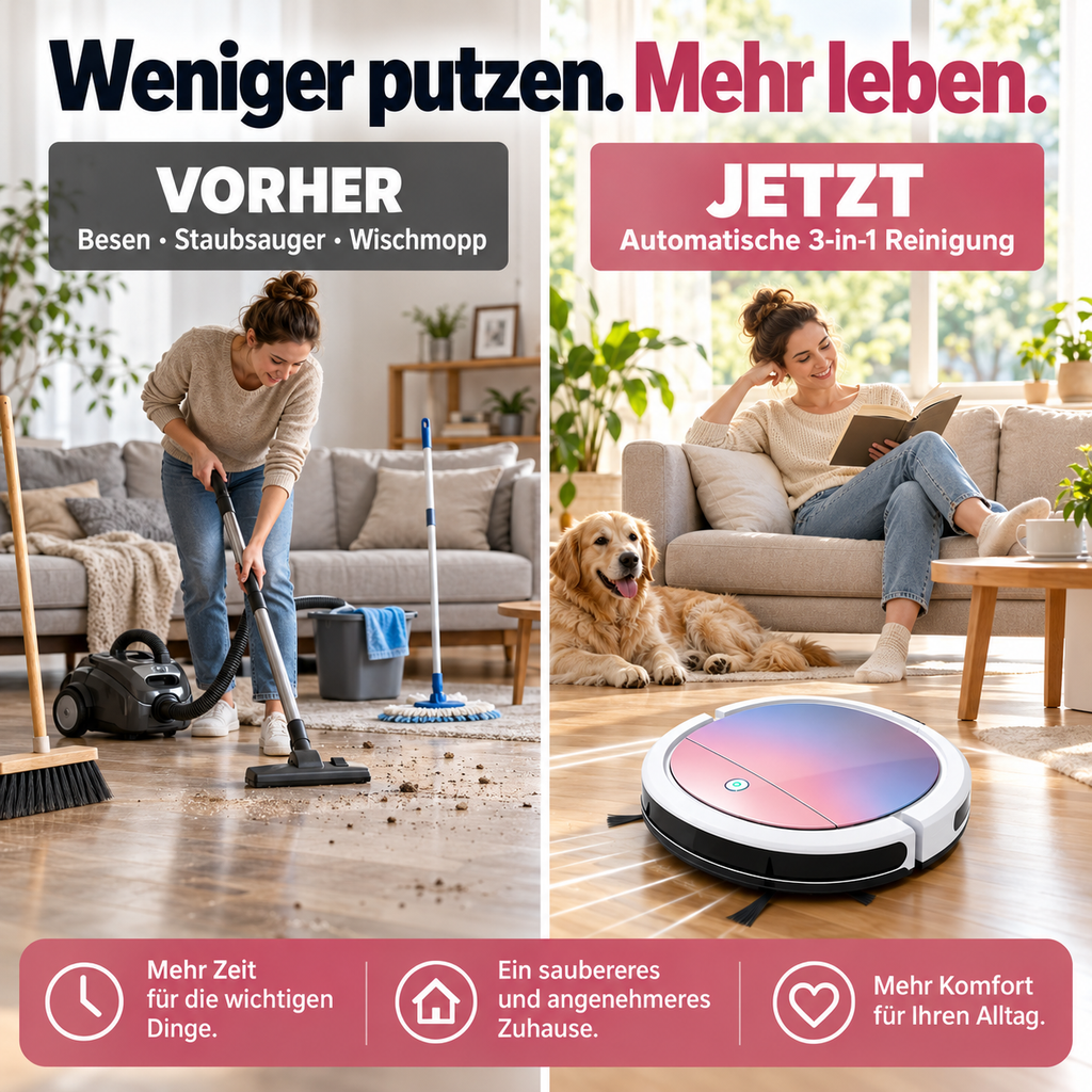 3-in-1 Saugroboter mit flachem Design – Für Haare, Staub und Krümel