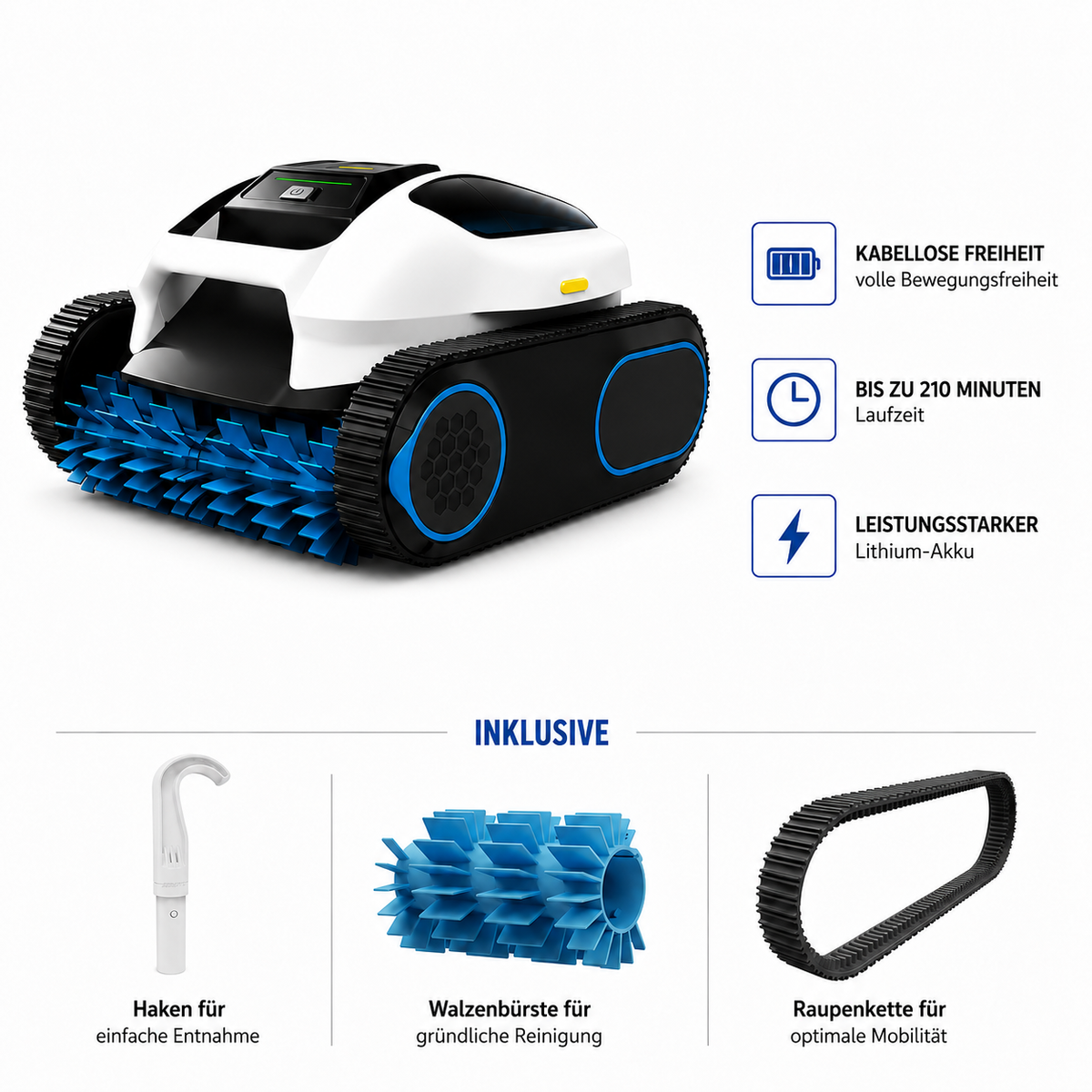 Kabelloser Poolroboter mit smarter Navigation für Boden-, Wand- und Wasserlinienreinigung