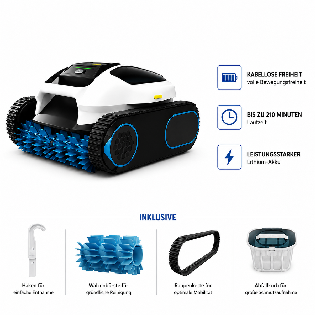 Kabelloser Poolroboter mit smarter Navigation für Boden-, Wand- und Wasserlinienreinigung
