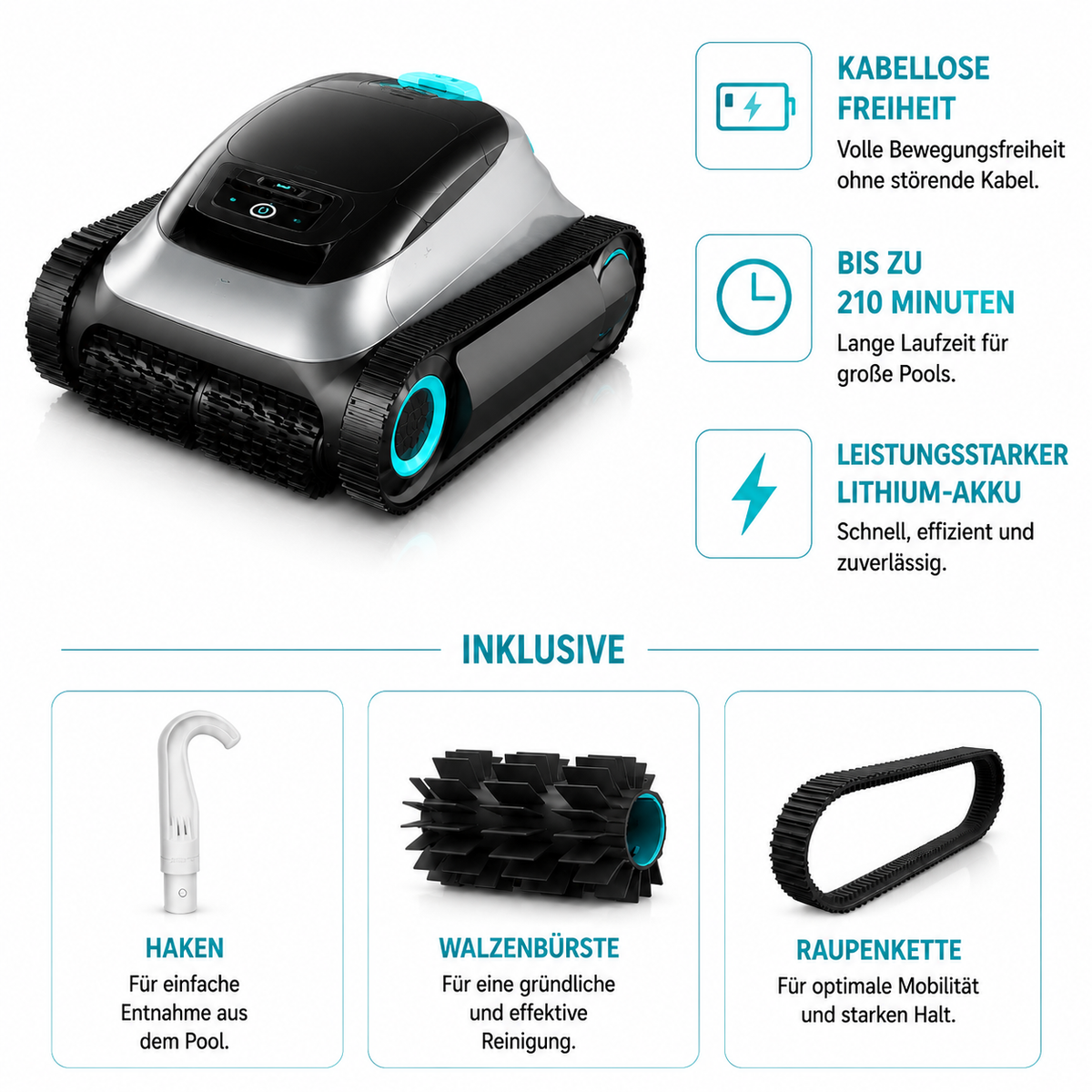 Kabelloser Poolroboter mit intelligenter Navigation, 5800 GPH Saugkraft & 210 Min Laufzeit