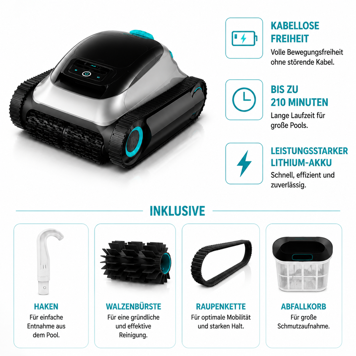 Kabelloser Poolroboter mit intelligenter Navigation, 5800 GPH Saugkraft & 210 Min Laufzeit