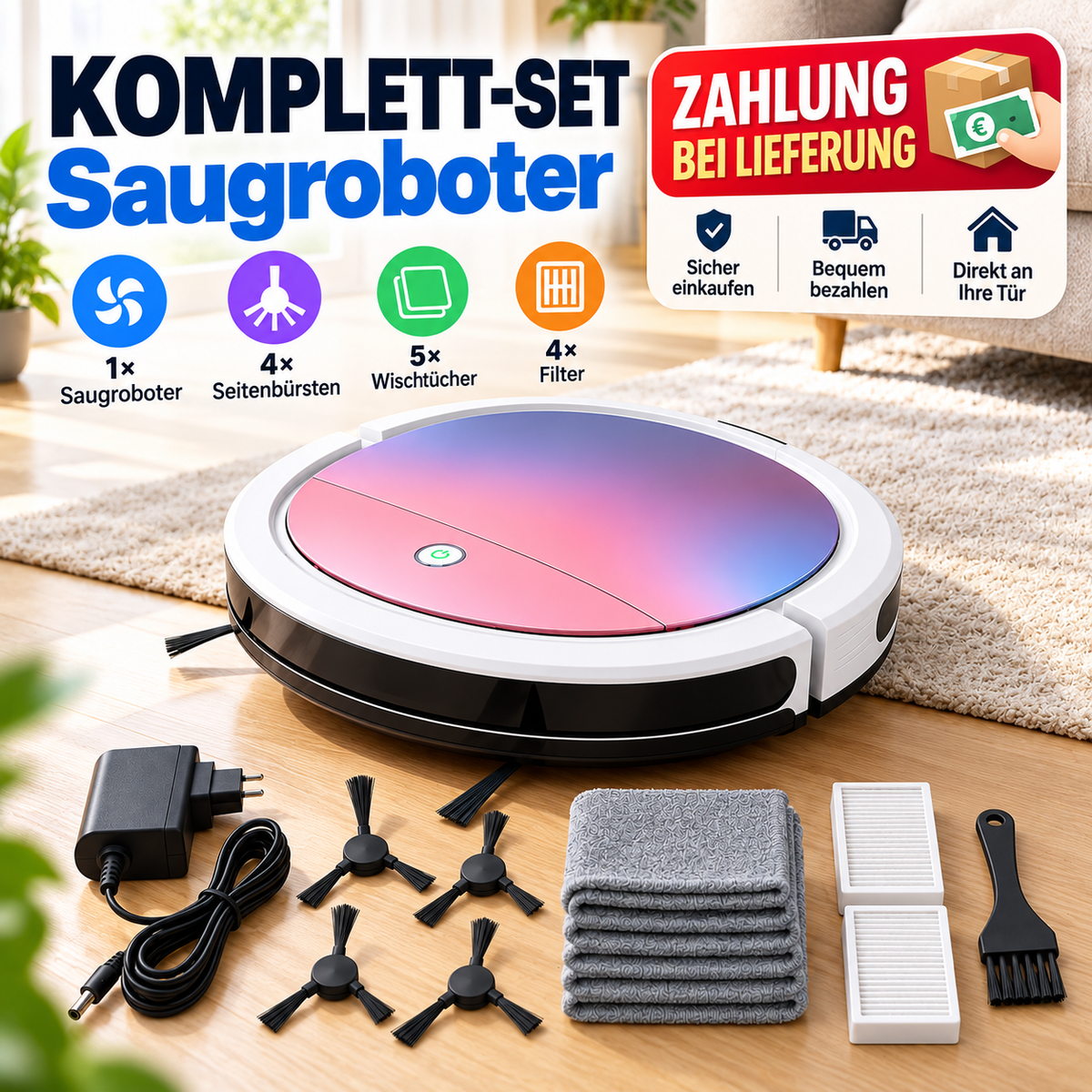 3-in-1 Saugroboter mit flachem Design – Für Haare, Staub und Krümel