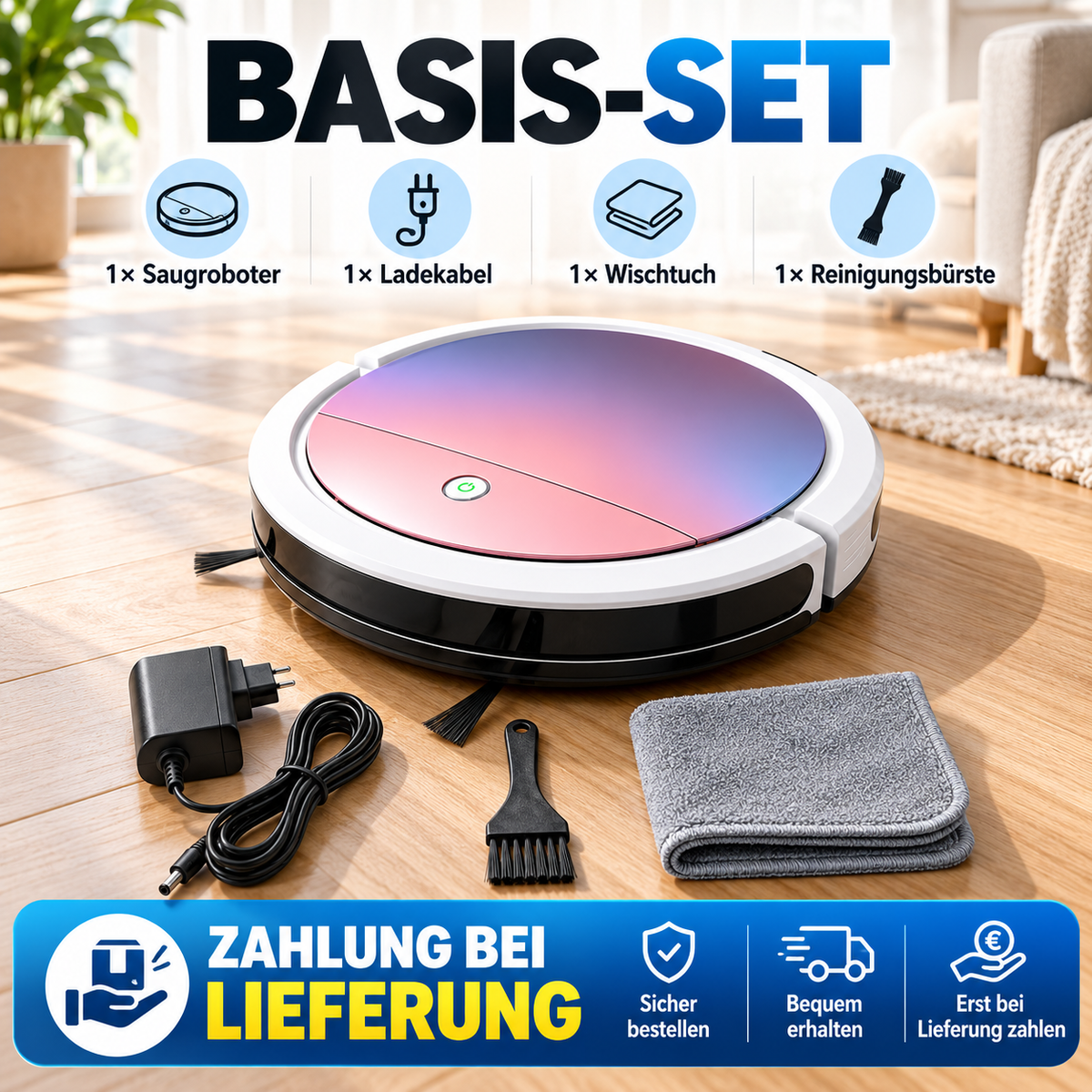 3-in-1 Saugroboter mit flachem Design – Für Haare, Staub und Krümel