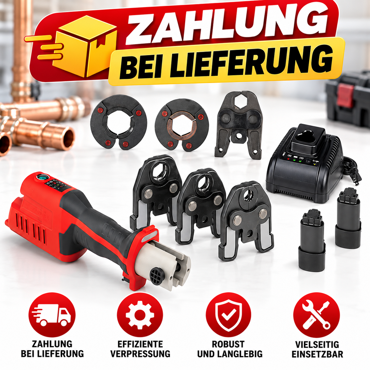 Kompaktes Akku-Presswerkzeug-Set mit 1/2″ Pressbacke – Professionelle Rohrpressmaschine für Sanitär & Installation